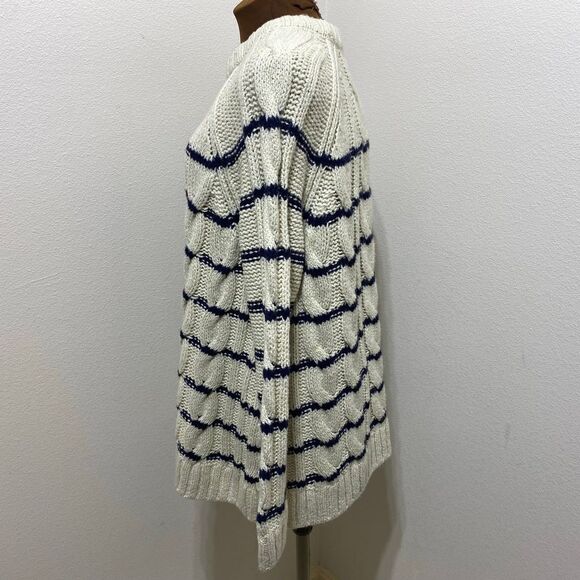 J Jill Womens Sweater Ivory Blue Stripe Cable Knit Nautical Crew Neck Medium - Picture 3 of 7